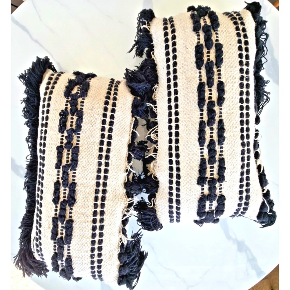 Cushion Pillow Knotted Black Cream Tassels Texture Boho Nostalgic Chunky Fringe